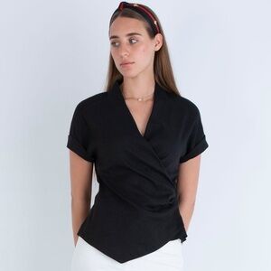 Marc Cain Stretch Wrap Linen Blouse in Black